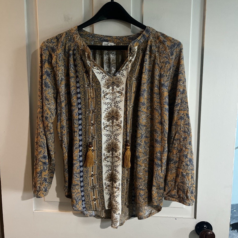Mason & Belle Womens Medium Boho Paisley Blouse Tassel Tie Peasant Top